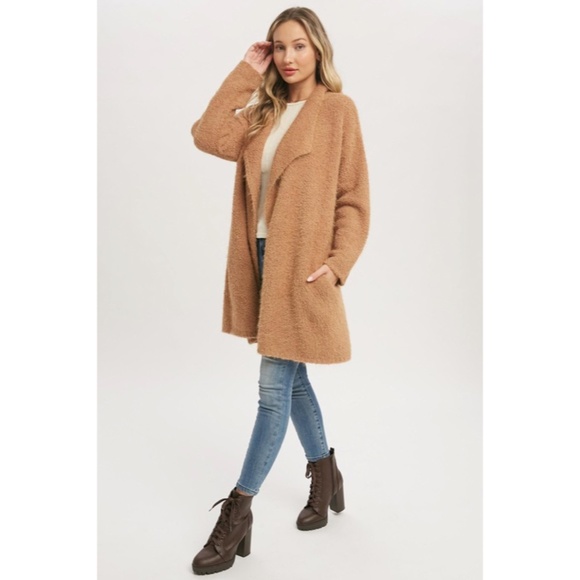 SOLD OUT Camel Soft Fuzzy Drape Front Dolman Oversized Knit Cardigan Sweater - Picture 6 of 8